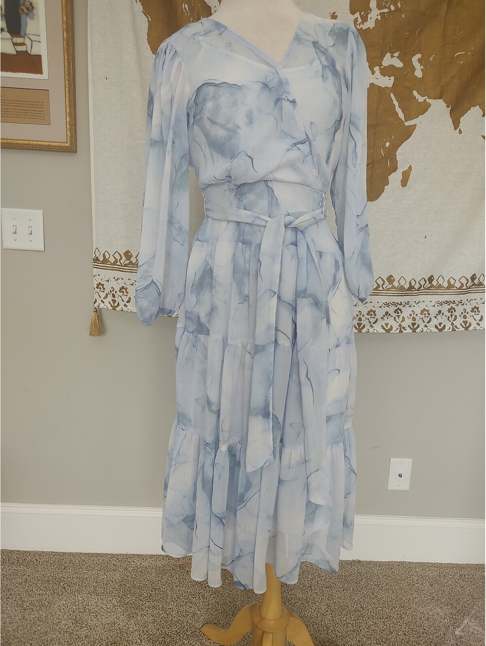 Calvin Klein Light Blue Marble Print Sheer Lined Long Sleeve Dress Size 2